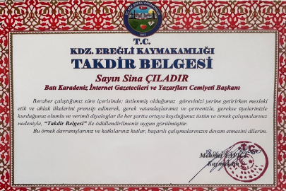 Kdz. Ereğli Kaymakamı’ndan BATİYAC Başkanı Çıladır’a takdir